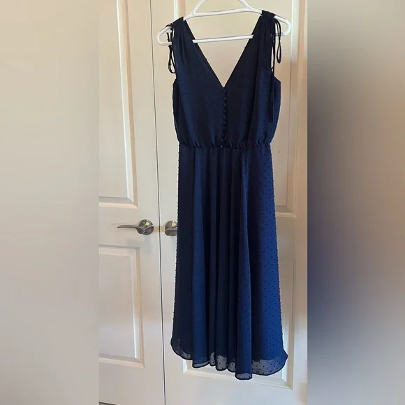 knee length dresses for ladies Navy Chiffon Foil Puff Sleeve Midi Dress 8 main image 1